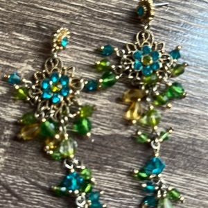 Pierced dangley earrings long blue, green, and yellow